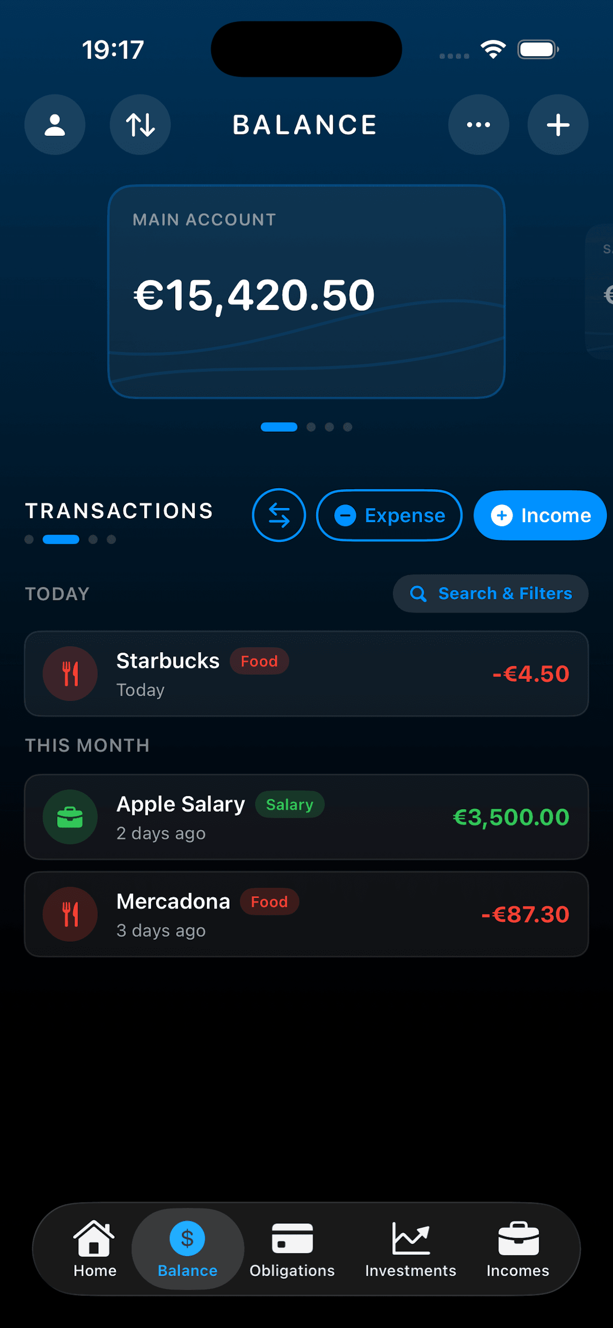 Wiselet Balance screen on iPhone with account balance and recent transactions
