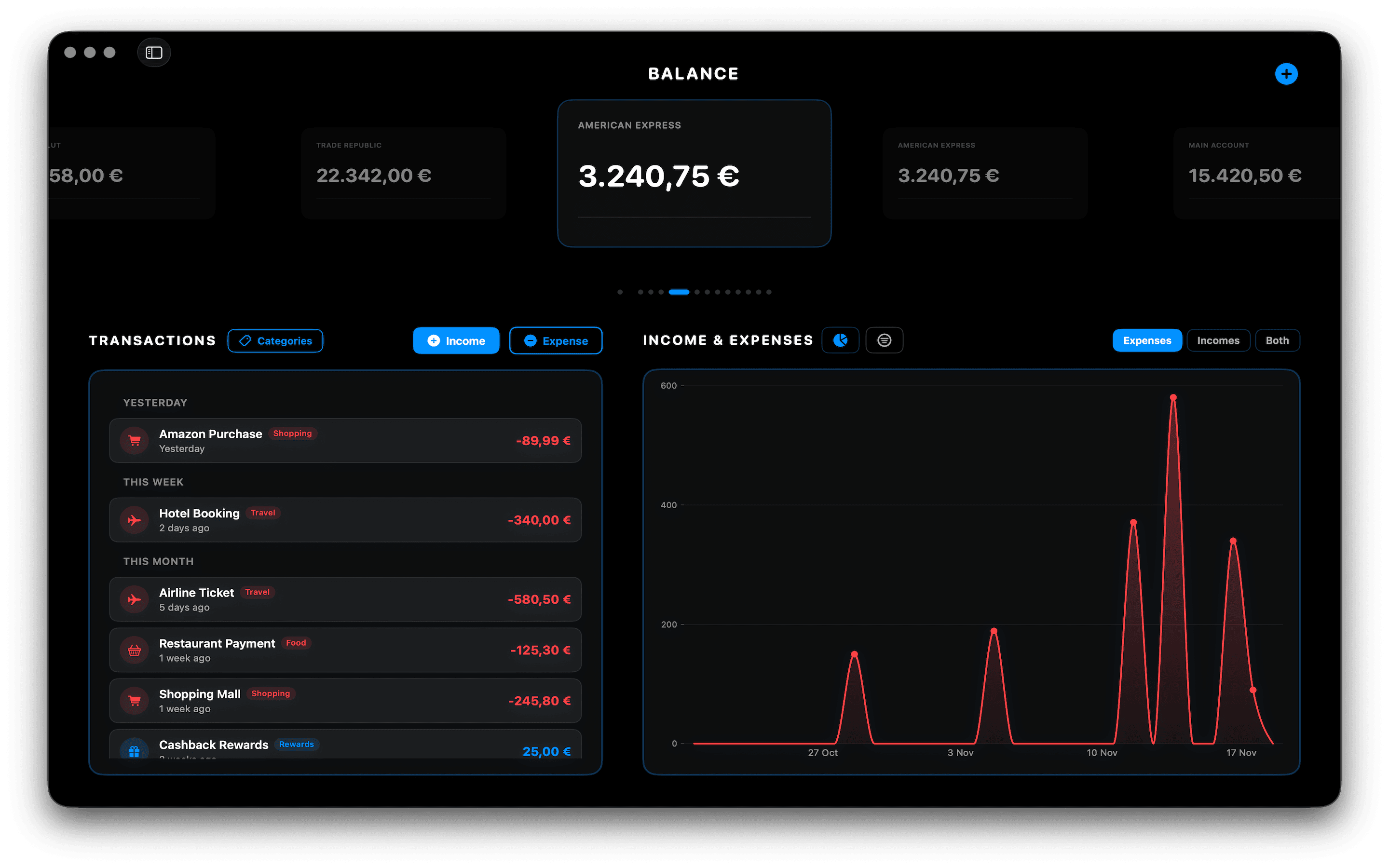 Wiselet Balance dashboard on a MacBook showing accounts, transactions and an income/expenses chart