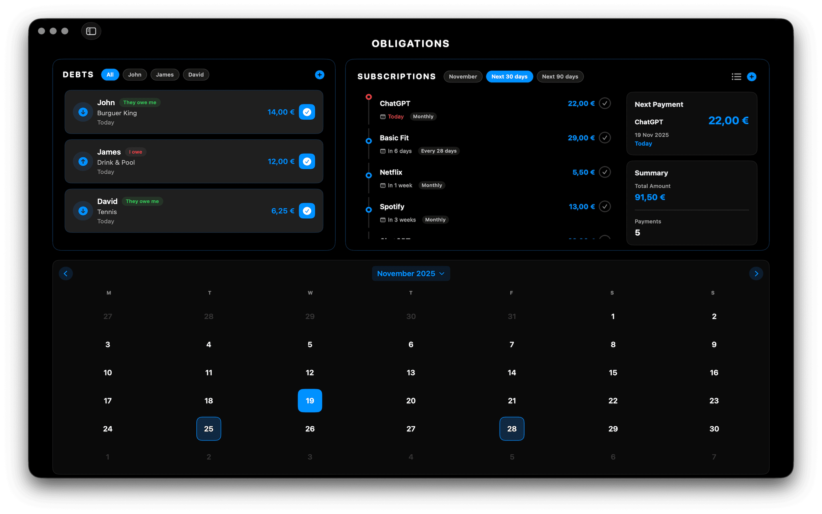 Wiselet Obligations screen showing debts with people, a subscriptions list and a monthly calendar