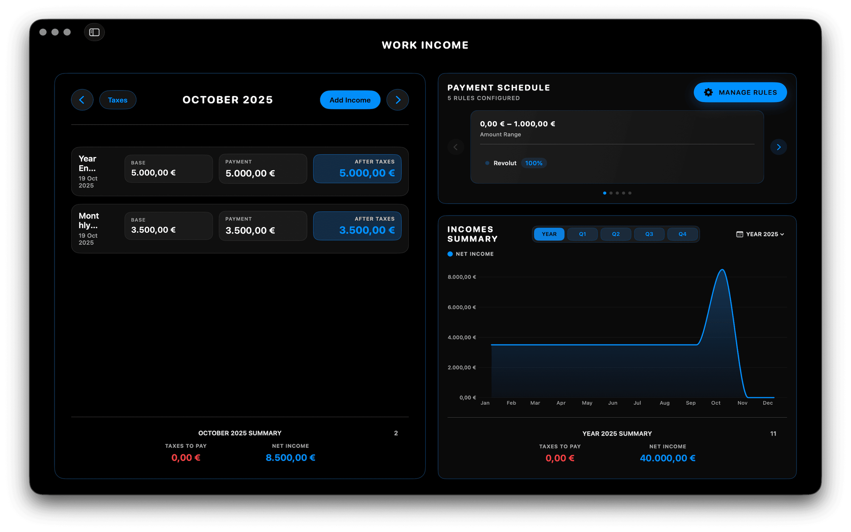 Wiselet Work Income screen with a payment schedule, tax breakdown and an income summary chart